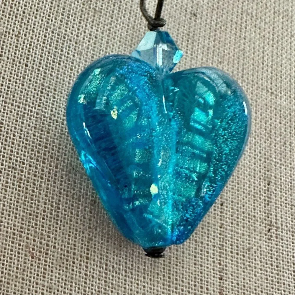 Blue glass heart pendant necklace sterling silver clasp on cord